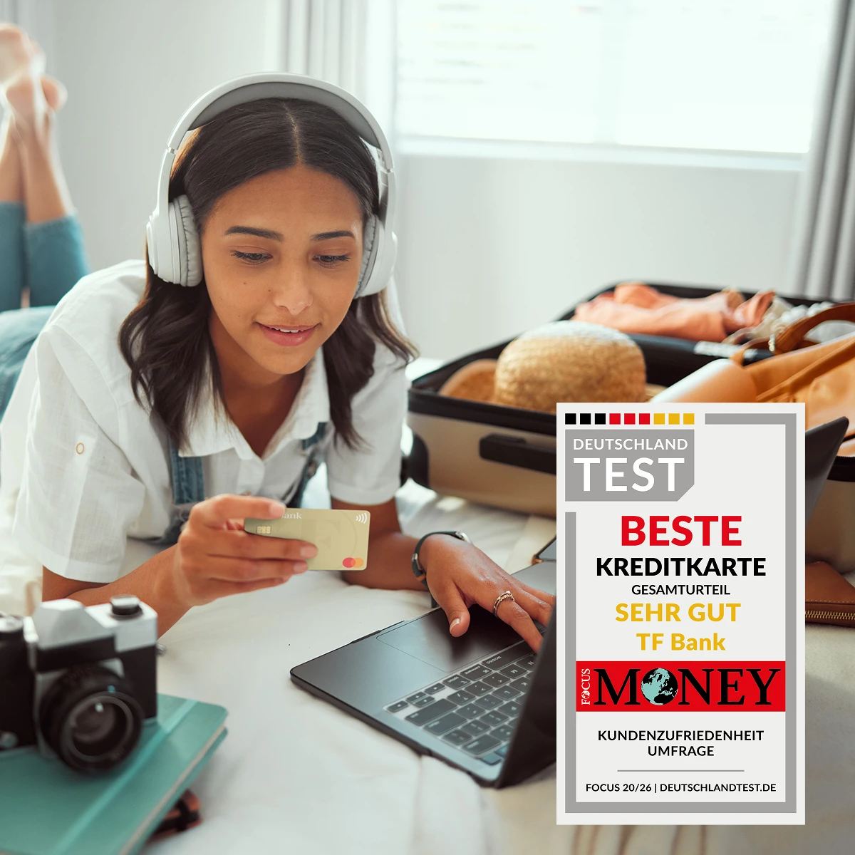 Mädchen liegt auf Bett mit Kopfhörern auf. Vor ihr liegt ein Laptop und sie hat die TF Mastercard Gold in der Hand. Auf dem Bett liegt außerdem bereit ein Koffer und ein Fernglas.