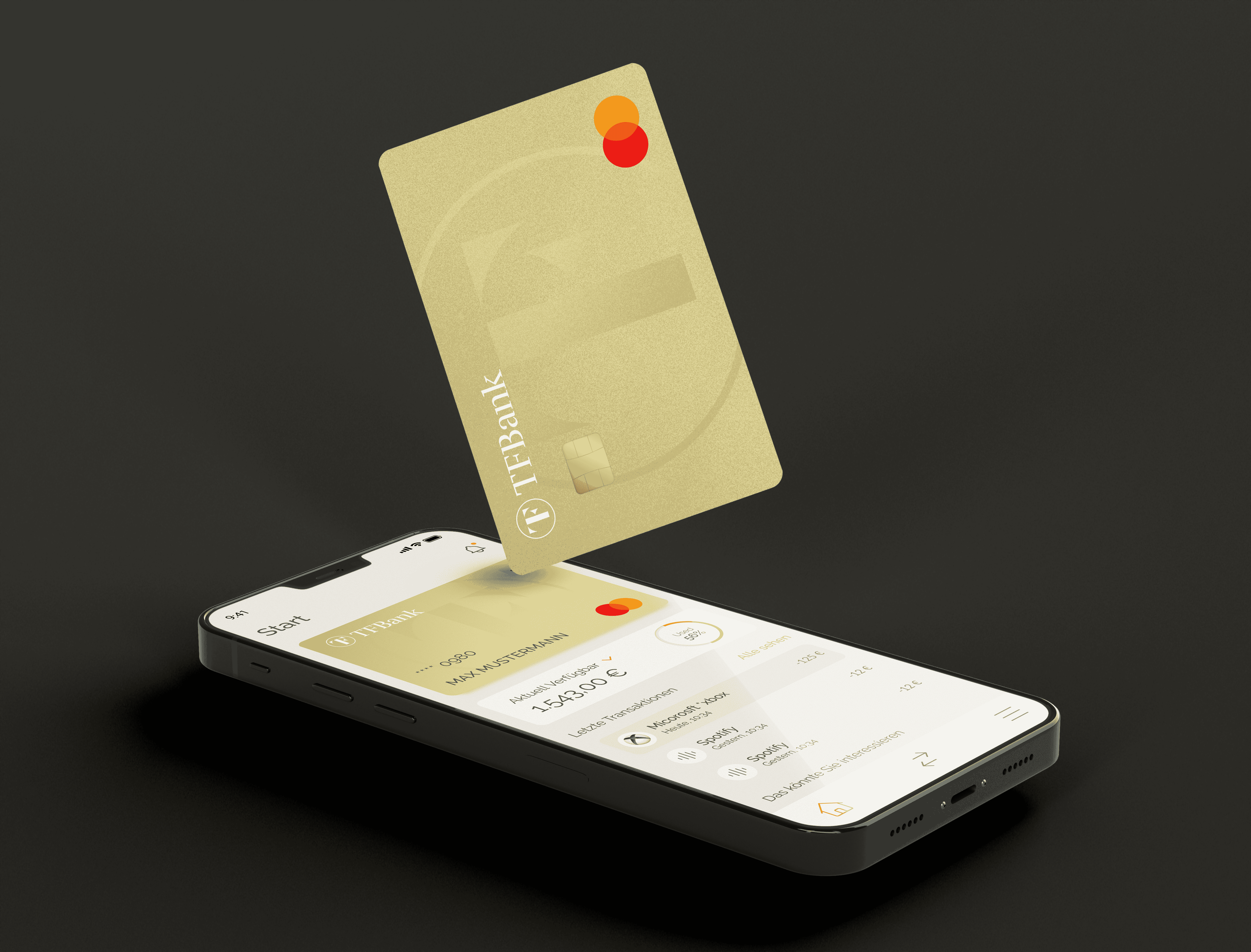 TF Bank App wird auf einem Smartphone angezeigt. Auf dem Handy steht die TF Mastercard Gold auf einer Ecke.