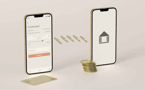 Zwei Smartphones sind nebeneinander abgebildet sollen den Geldtransfer darstellen der bei TF Sofortgeld stattfindet. Münzen werden von einem Handy zum anderen transferiert.