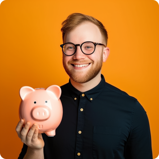 Man hält fröhlich ein Sparschwein neben sich.