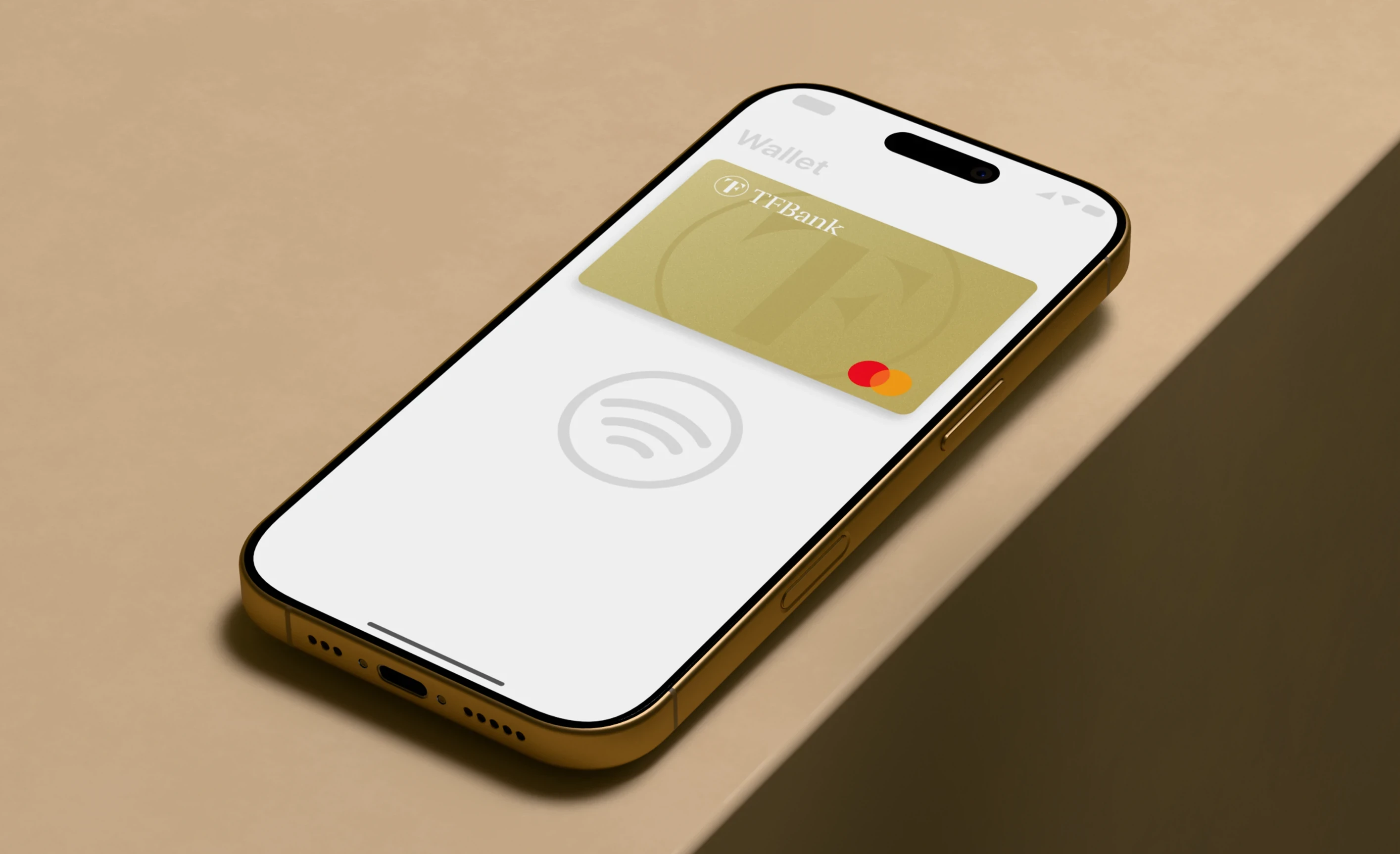 Handy liegt auf Untergrund und goldene Kreditkarte im Wallet ist sichtbar 