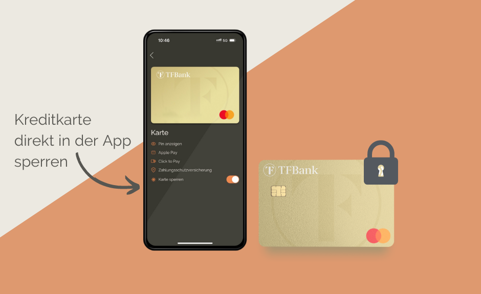 Ein Smartphone ist neben der TF Mastercard Gold mit der "Kreditkarte sperren" Funktion abgebildet.