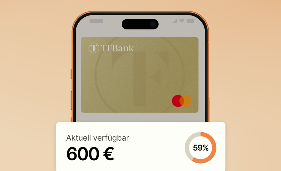 Kreditkartenlimit und wie es erhöht wird, wird erklärt von der TF Bank. Auf dem Bild sieht man App-Ansicht mit dem verfügbaren Saldo und aufgebrauchtes Limit Zeichen.