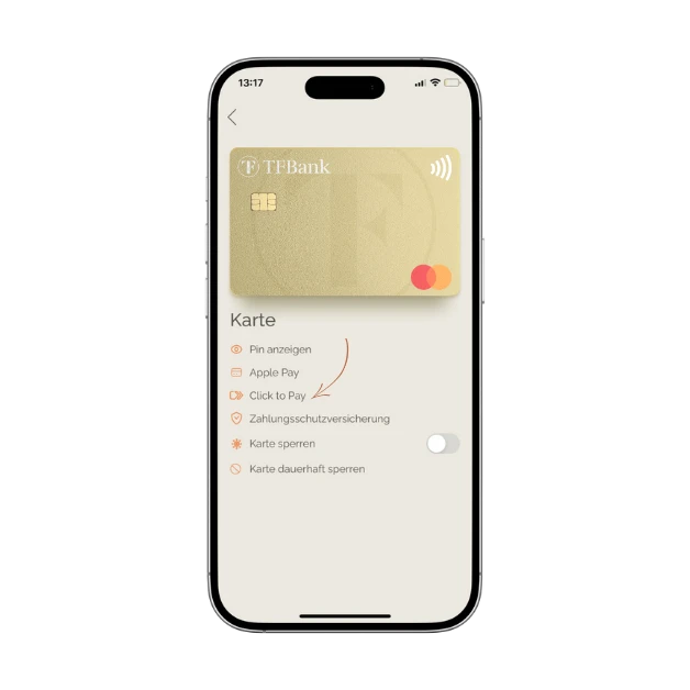 Smartphone mit TF Bank Mobile App Kreditkarten Menu