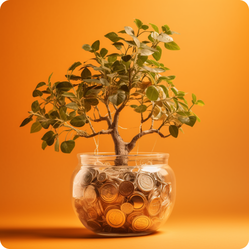 Geldbaum vor orangem Hintergrund.