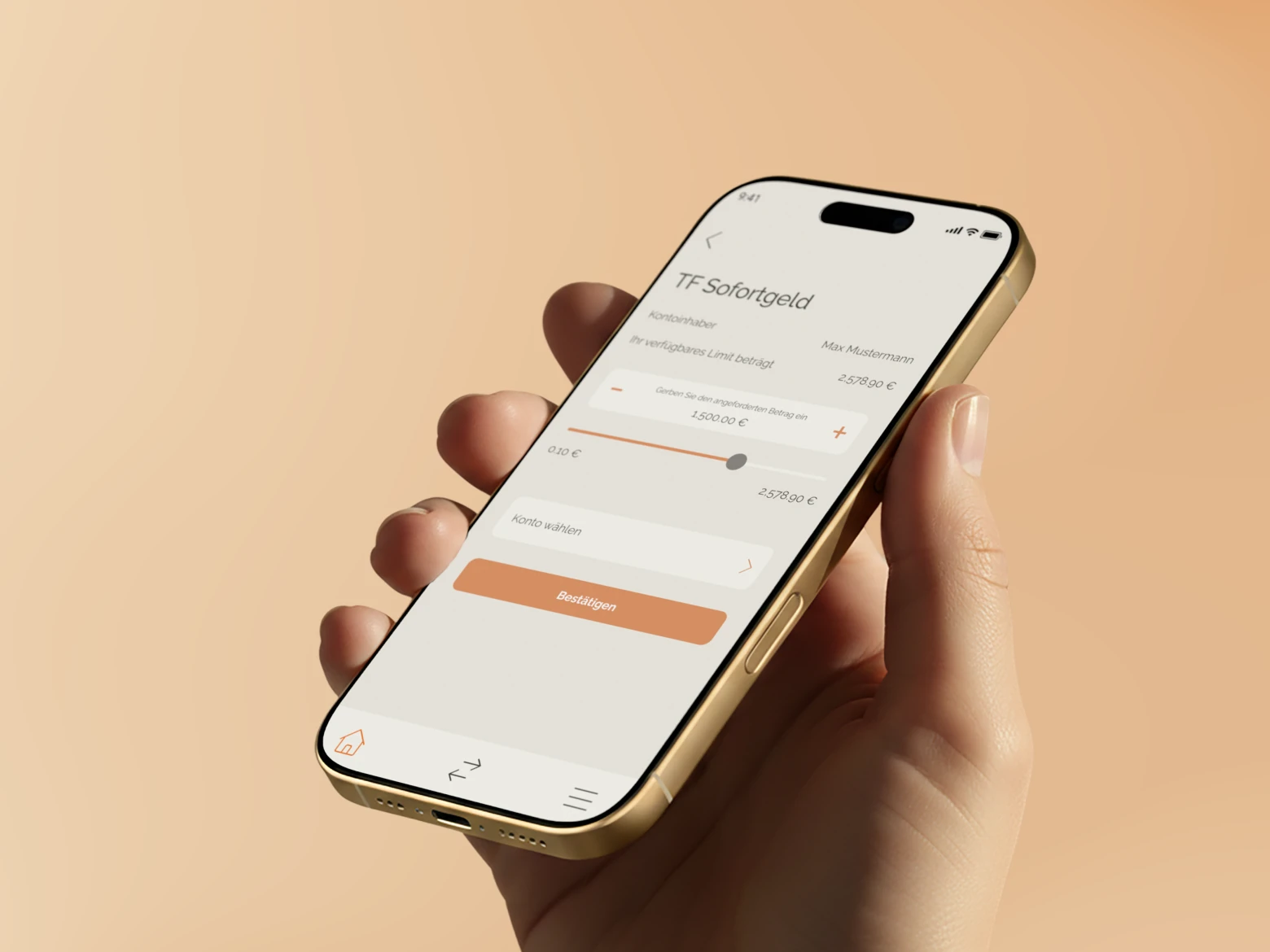 Eine Hand hält ein Smartphone auf dem die TF Sofortgeld Funktion zu sehen ist.