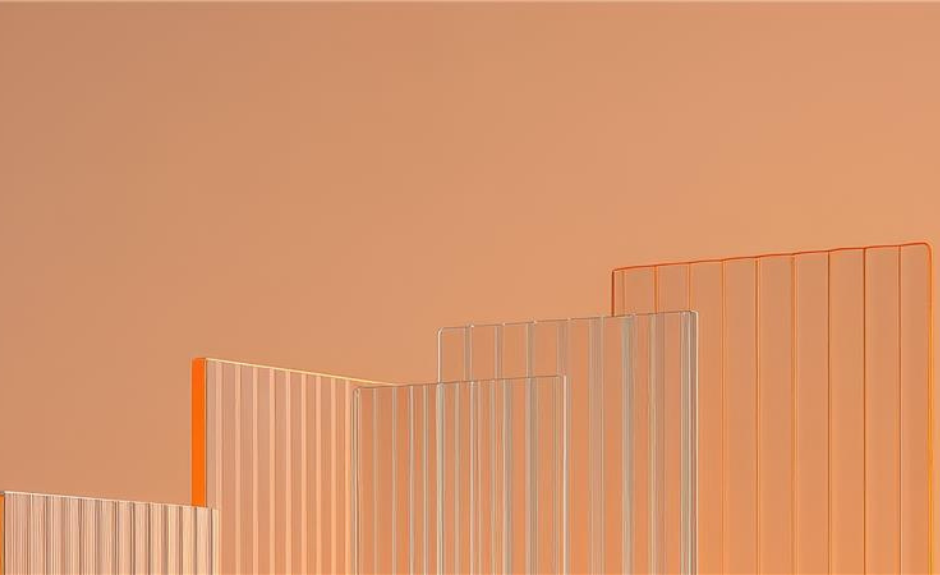 gestaffelte Glastribühne vor orangem Hintergrund